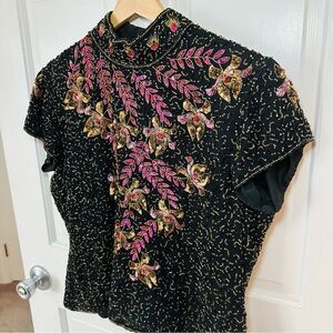 Marina Bresler Stunning Vintage Beaded Embellished High Neck Silk Top Size L
